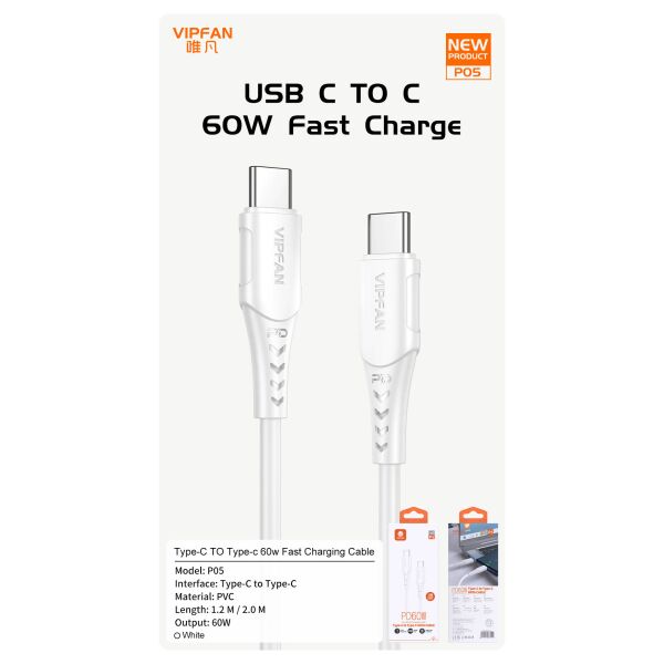 Кабель VIPFAN P05 Type-C-Type-C Cable 60W 1 м (белый)
