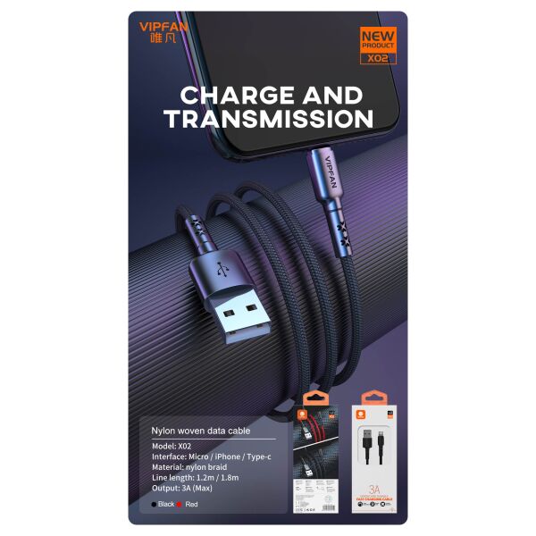 Кабель VIPFAN X02 USB-MicroUSB 3A 1.2 м (черный)